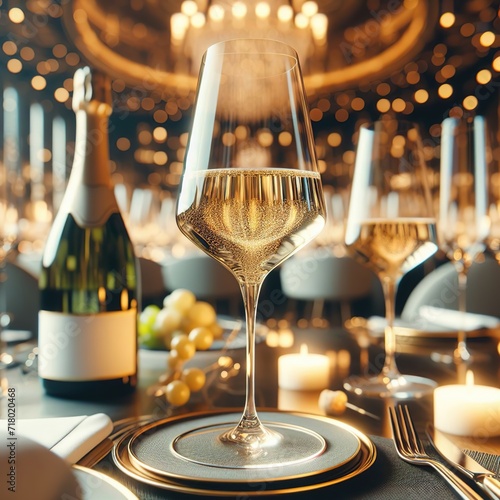 tall glass glass with white wine on a table in a cozy big restaurant with good lighting