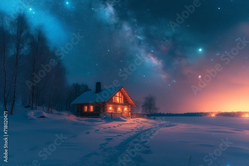 Fotografie, Obraz A cottage with the Milky Way in the background at night