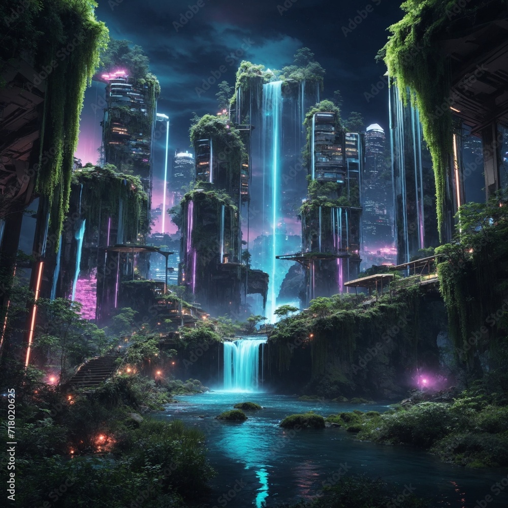 Fantasy Green City of Waterfalls