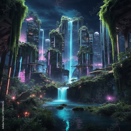 Fantasy Green City of Waterfalls © AI Genin