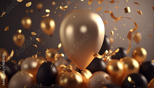 Celebration background with confetti and gold balloons , Hyper realistic,wallpaper, background ,Uhd, 32k, sharp image, hyper realistic wallpaper, octane render, full bright light, Ai generated image