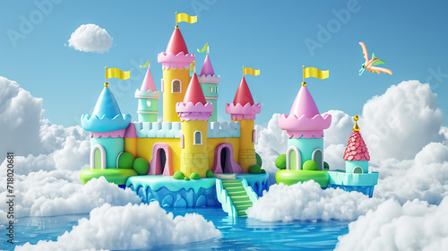 Fairytale in the Sky: A 3D Model of a Castle Floating Among the Clouds, Inhabited by Friendly Dragons and Surrounded by Floating Islands, Creating a Whimsical and Magical Atmosphere.