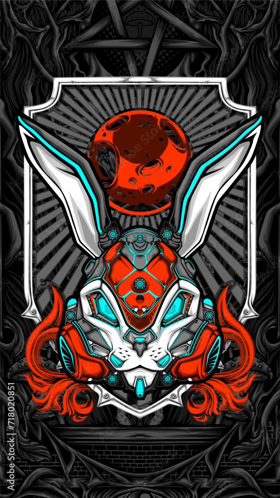 robotic cyberpunk rabbit mask illustration for t shirt design