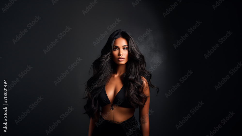 Beautiful model with long black hair wearing black top and sarong Beautiful model with long black hair wearing black top and sarong