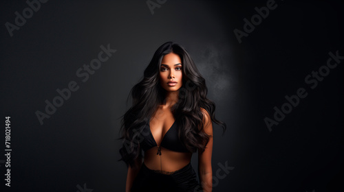 Beautiful model with long black hair wearing black top and sarong