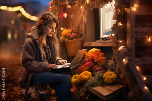 a woman sitting outside with her laptop, in front of her small trailer, night bright and cozy