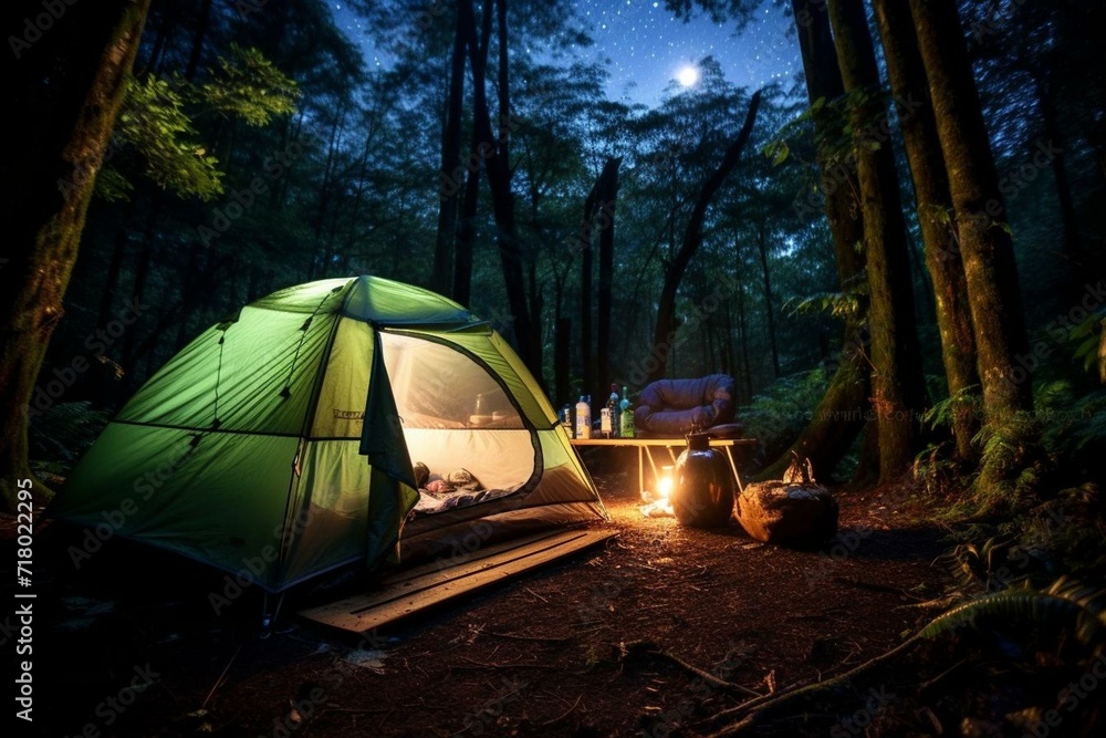 Camping in a tent with nature surrounding. Generative AI