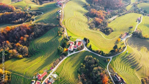 Stunning aerial 4K drone footage  of an wine region of Jeruzalem, Slovenia. Filmed on a crisp, sunny late autumn day, this video shows beautiful Slovenian countryside surrounded by vineyards. photo
