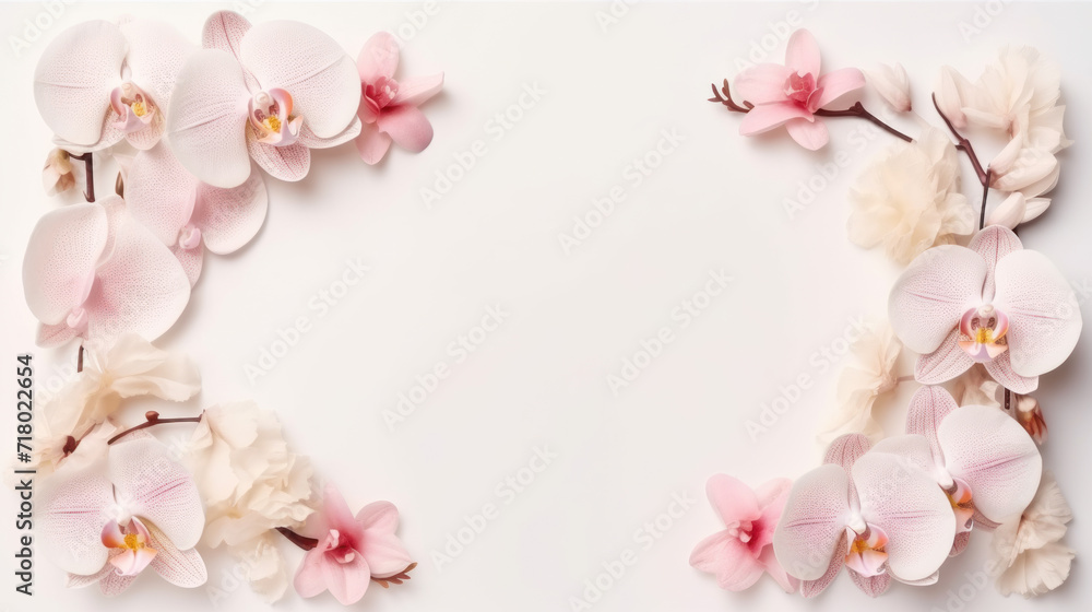 Postcard mockup with white orchid flowers, pastel colors