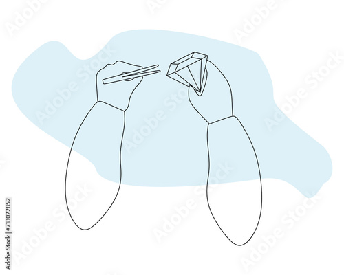 Jewelers hand Holding tweezers and Big Gemstone. Hand drawn Linear Vector illustration on Blue spot . Template for Jewelry Shop Logo, Handicraft concept. Outline Brilliant, Precious Design element.