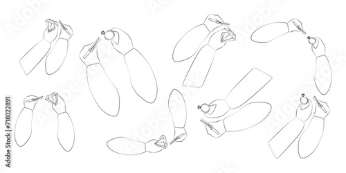 Set of Outline hands with Brilliant ring, Gemstone and Tweezers. Collection of Jeweler Arms Silhouette, Vector contour illustration. Jewelry making concept. Design object for Card, Poster, Banner.
