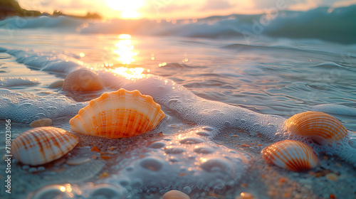 A serene sunset at the beach, with the warm glow of the sun illuminating distinct striped seashells and stones partially submerged in the foamy edge of the tide.