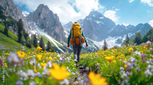 Hiker with backpack and hiking equipment on the trail, majestic snowy mountains in the background. Alpine landscapes, wildflowers, fresh morning.