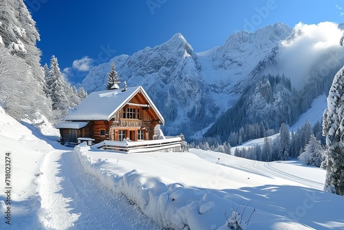 Snow Mountain winter ski lodge and cottage. Generative Ai. © Planum