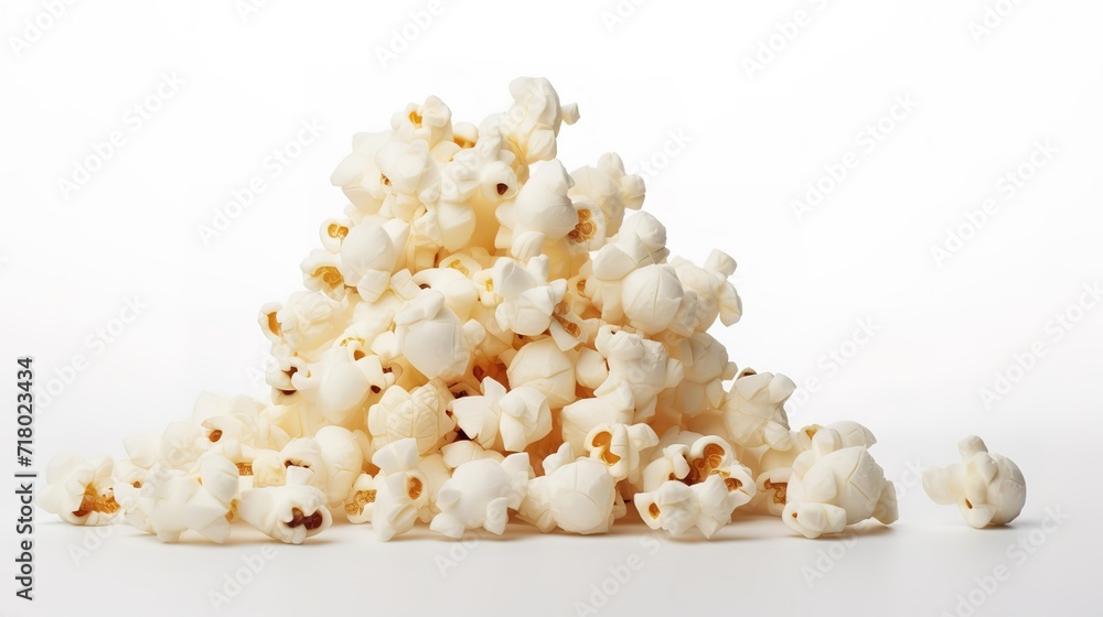 Pile of white popcorn in the photo in front of a white wall. generative AI Pile of white popcorn in the photo in front of a white wall. generative AI