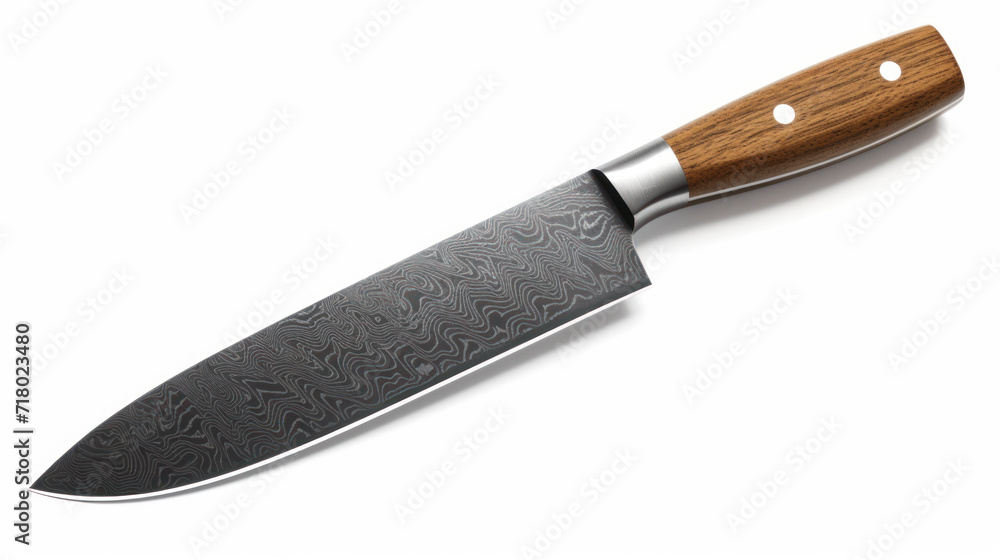 Chef's kitchen knife with damascus steel blade isolated on white background Chef's kitchen knife with damascus steel blade isolated on white background