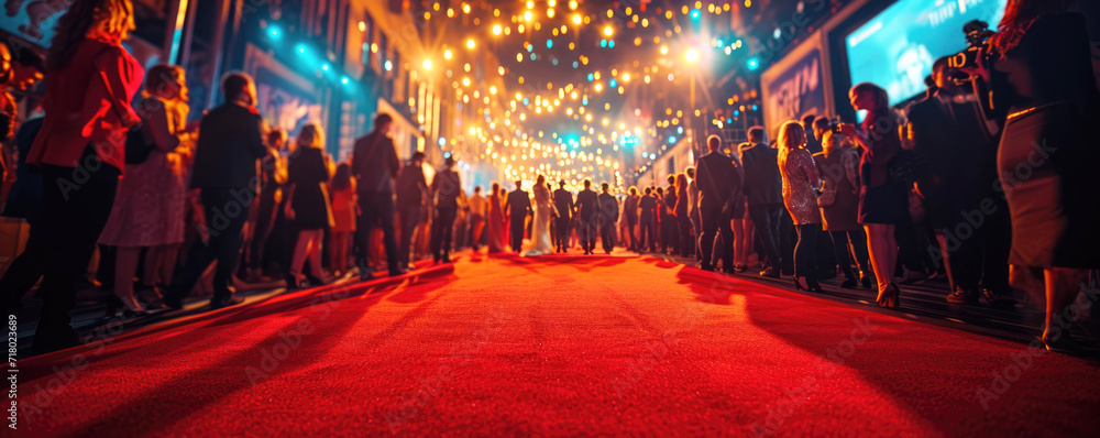 An empty red carpet, evening lights, a crowd of fans waiting for celebrities. Banner, poster, selective focus. - obrazy, fototapety, plakaty 