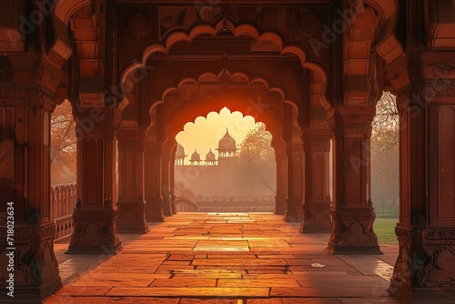 India at dusk, inside Delhi's Red Fort. Generative Ai. photo