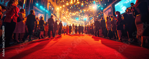 An empty red carpet, evening lights, a crowd of fans waiting for celebrities. Banner, poster, selective focus. photo