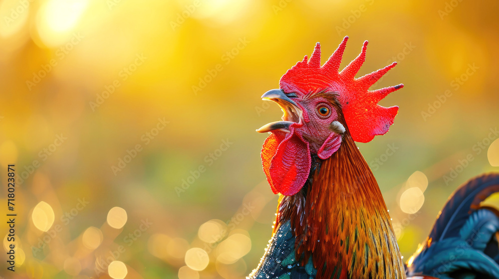 A rooster crows under the morning sun, copy space. Alarm clock, early awakening concept. A rooster crows under the morning sun, copy space. Alarm clock, early awakening concept.