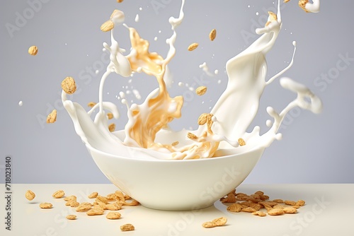 White milk is poured into a bowl containing corn cereal on a black background. generative AI