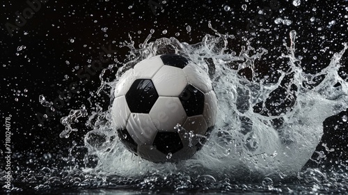 Professional Soccer ball Sports Equipment in water splashes on the black background. Horizontal Illustration. Sporting Gear Ai Generated Illustration with Active Game Soccer ball. © Vector Juice