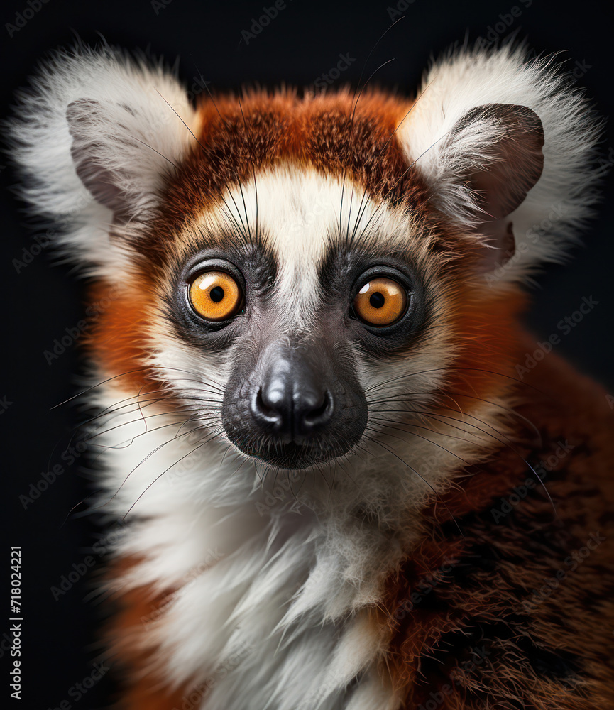 Obraz premium Curious Lemur Staring, Madagascar Wildlife Portrait with Cute Primate Watching, Endangered Black Monkey in Tropical Jungle Closeup