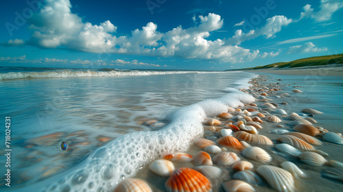 A vibrant collection of colorful seashells submerged in clear, shallow water at the edge of a beach, with a backdrop of a clear sky punctuated by dramatic cumulus clouds.