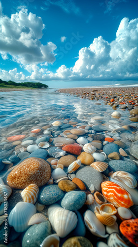 A vibrant collection of colorful seashells submerged in clear, shallow water at the edge of a beach, with a backdrop of a clear sky punctuated by dramatic cumulus clouds.