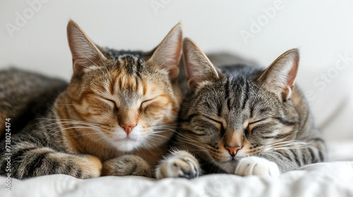 Two cats are resting with their eyes closed.