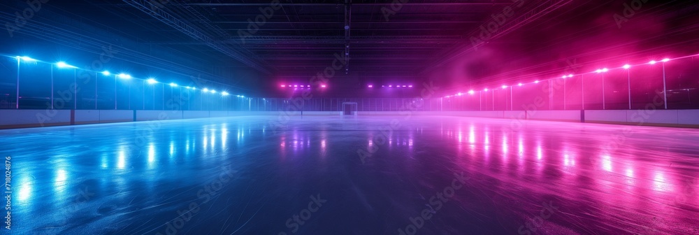 Spotlights on outdoor Hockey stadium with an empty ice rink. Light beams neon lights reflection and smoke. Ice show or figure skating concept. Spotlights on outdoor Hockey stadium with an empty ice rink. Light beams neon lights reflection and smoke. Ice show or figure skating concept.