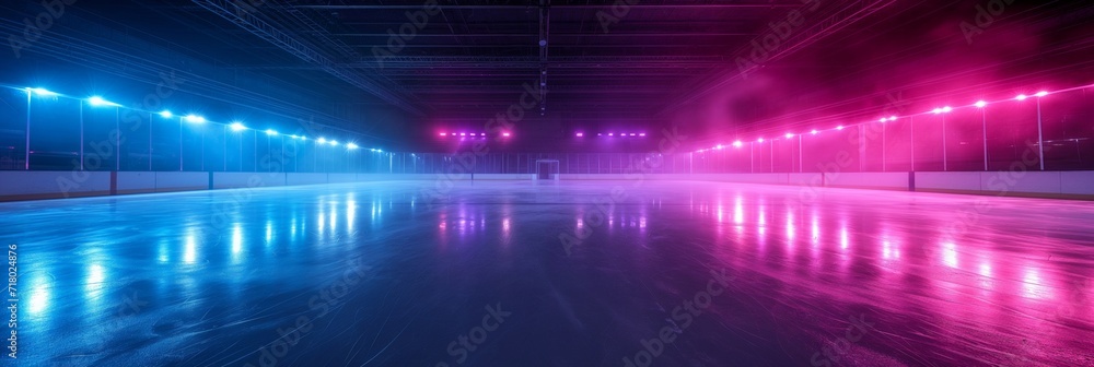 Spotlights on outdoor Hockey stadium with an empty ice rink. Light beams neon lights reflection and smoke. Ice show or figure skating concept.