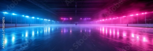 Spotlights on outdoor Hockey stadium with an empty ice rink. Light beams neon lights reflection and smoke. Ice show or figure skating concept. photo