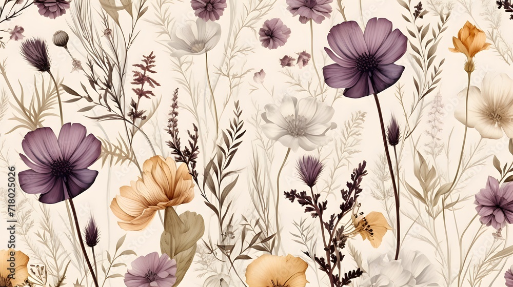 Modern contemporary Seamless pattern with ethereal wildflowers, leaves. vintage dry pressed wild flower plants, grass. Nature floral background. Texture for Cloth, Textile, Wallpaper, fashion prints - obrazy, fototapety, plakaty 