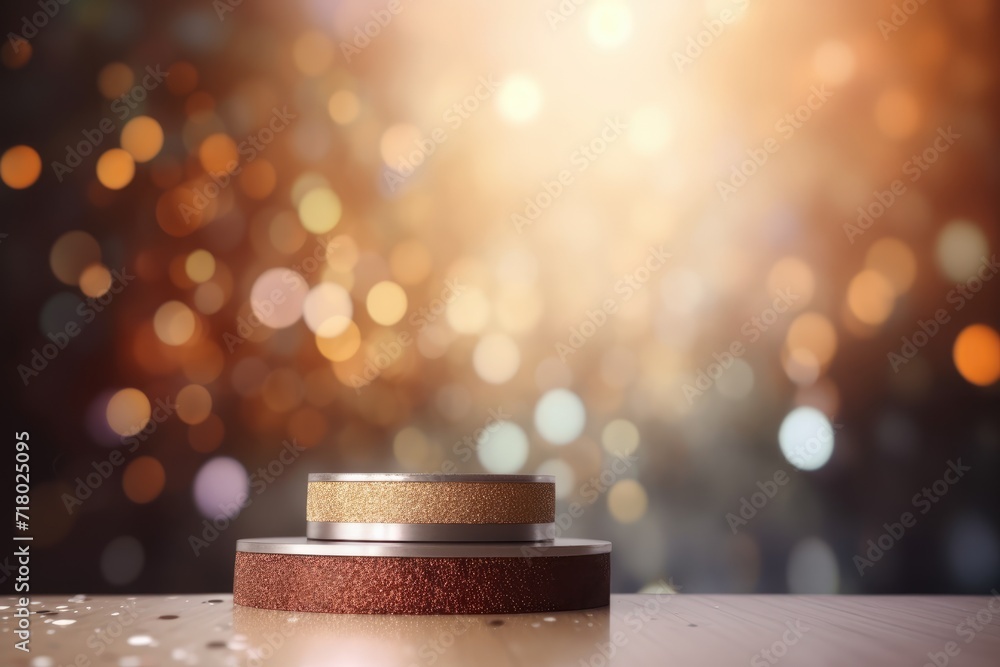 Podium with background soft bokeh, podium for product presentation, geometric shape for product display presentation, stage showcase, promotion display. Podium with background soft bokeh, podium for product presentation, geometric shape for product display presentation, stage showcase, promotion display.