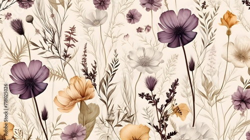 Modern contemporary Seamless pattern with ethereal wildflowers, leaves. vintage dry pressed wild flower plants, grass. Nature floral background. Texture for Cloth, Textile, Wallpaper, fashion prints