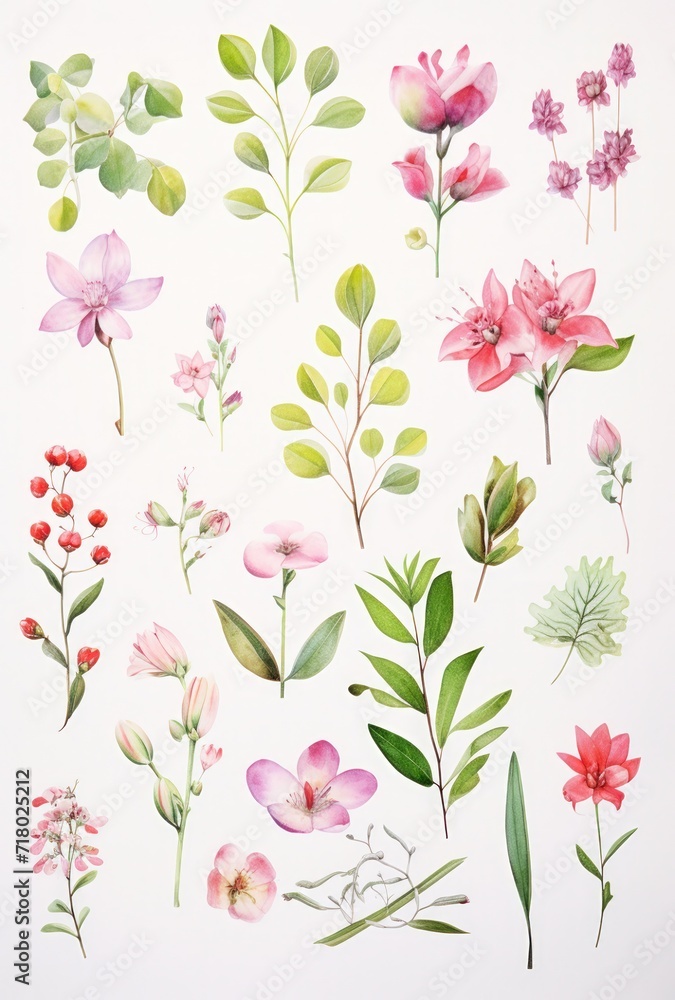 Set of watercolor drawn isolated flowers, twigs, buds. Delicate floral motifs, elements for textiles, wallpaper, patterns. Batanic illustration.