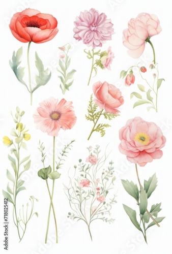 Set of watercolor drawn isolated flowers  twigs  buds. Delicate floral motifs  elements for textiles  wallpaper  patterns. Batanic illustration.