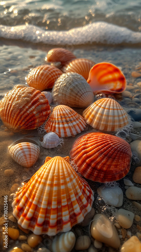 Seashells on a sandy beach, bathed in the golden light of a setting sun, with the soft froth of a wave