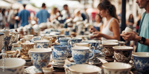 People looking at and buying old porcelain cups on the countertop of a seller in sunday flea market. Details from antique bazaar. Generative AI illustration.