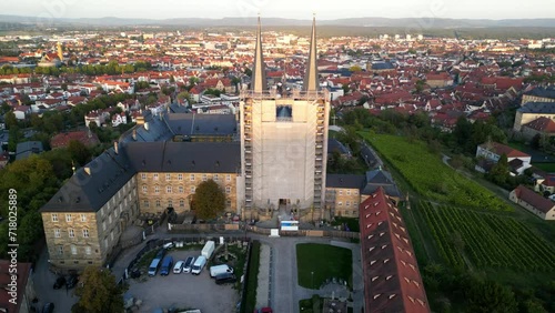 Monastery Michelsberg Drone Video Side Pan with Cityscape in the Background photo