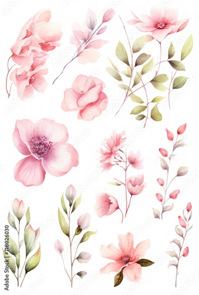 Obraz premium Set of watercolor drawn isolated flowers, twigs, buds. Delicate floral motifs, elements for textiles, wallpaper, patterns. Batanic illustration.