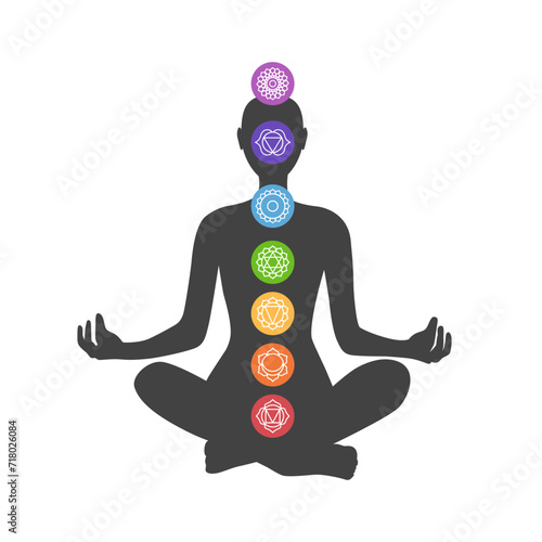 Woman silhouette with chakra icons. Seven chakras on meditating yogi woman, vector illustration. Lotus position