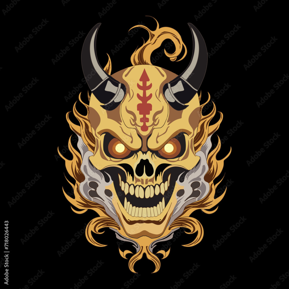 vintage style yellow flaming skull vector on black background