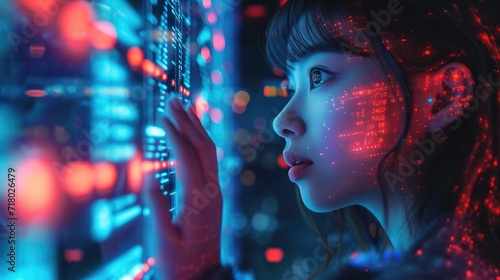 Woman with glowing dots in front of a building in futuristic digital and digital world