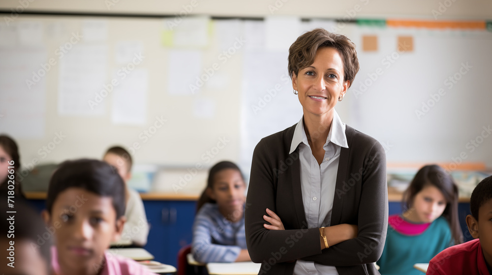 © Ardat pics - Middle-aged white teacher in the classroom with her students in the background. Natural lighting through the windows. Teacher's day