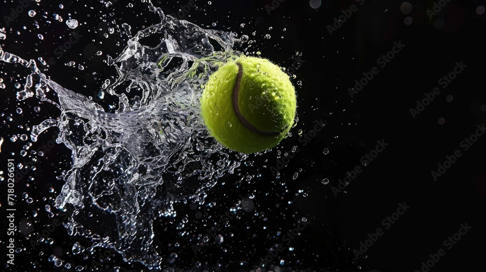 Professional Tennis ball Sports Equipment in water splashes on the black background. Horizontal Illustration. Sporting Gear Ai Generated Illustration with Active Game Tennis ball.