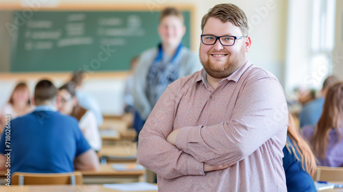 Young, white, overweight high school teacher in class with his students in the background. Natural lighting through the windows. Teacher's day