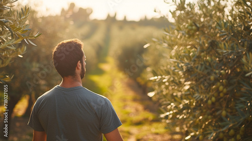 An olive oil farmer inspecting olive trees laden with ripe fruit, highlighting the connection between the farmer and the land in sustainable olive oil production. photo