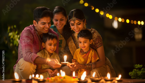 Portrait of an Indian Family Celebrating Divali by Putting Lamps in Their Backyard. Happy Young Parents and Their Exited Children Participating in Hindu Religious Festivities, Festival of Lights
